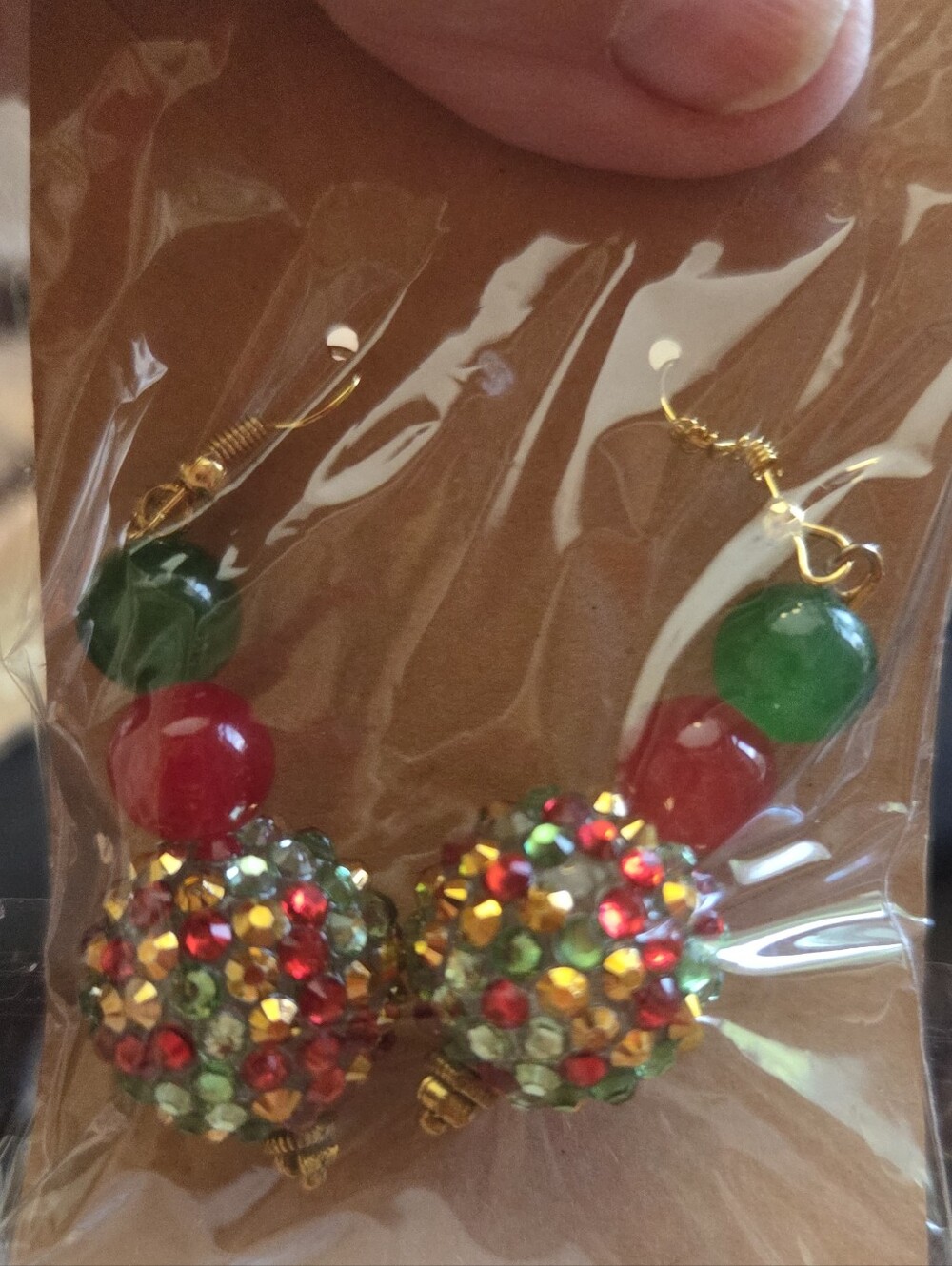 Festive Red and Green Crystal Cluster Drop Earrings with Gold Hooks